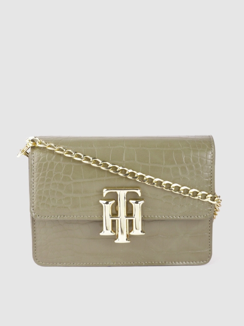 

Tommy Hilfiger Olive Green Croc Textured Structured Sling Bag
