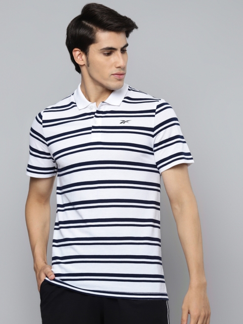

Reebok Men White & Navy Blue Striped Vector Polo Collar Cotton Training T-shirt