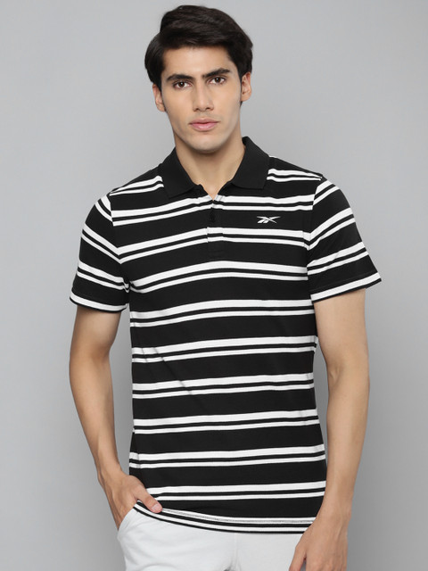 

Reebok Men Black & White Striped Polo Collar Training or Gym T-Shirt