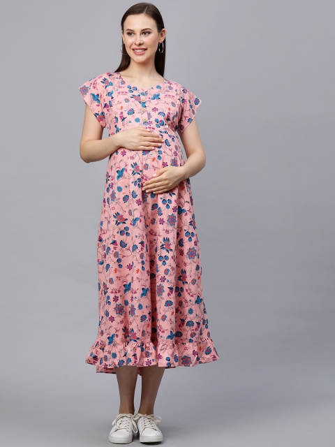 

MomToBe Women Pink Printed Maternity & Feeding A-Line Dress