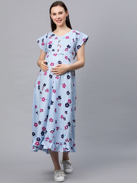 

MomToBe Women Blue Printed Maternity & Feeding Fit and Flare Dress