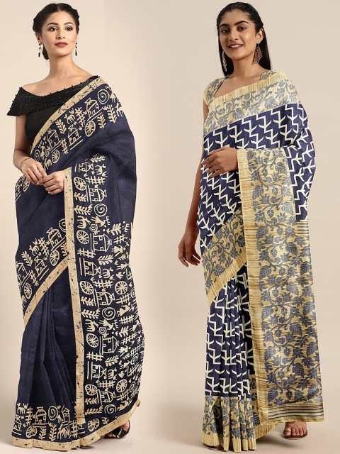 

KALINI Navy Blue & Beige Silk Blend Set of 2 Khadi Saree