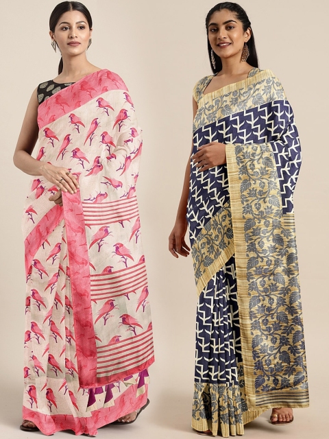 

KALINI Pack of 2 Pink & Blue Silk Blend Khadi Sarees
