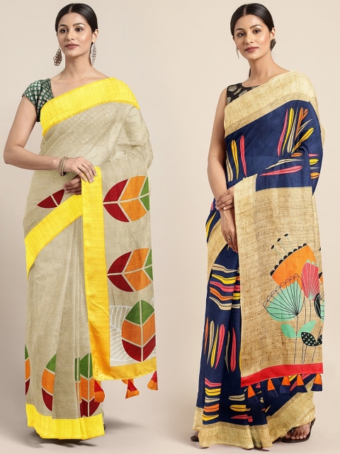 

KALINI Beige & Blue Jute Silk Set of 2 Saree