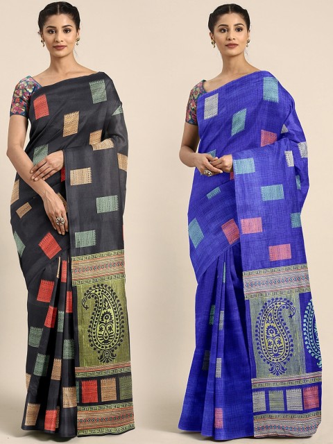 

KALINI Pack of 2 Black & Blue Printed Tussar Saree