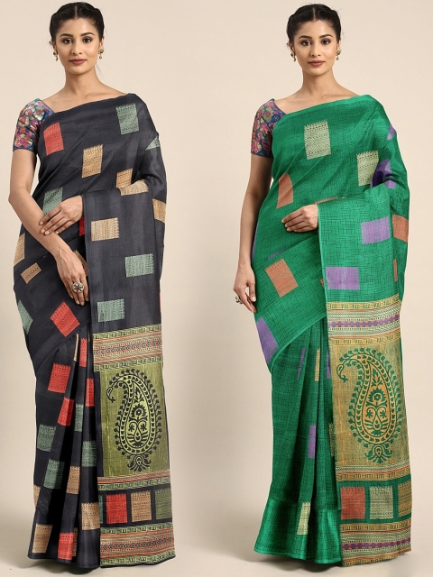 

KALINI Pack Of 2 Tussar Silk Blend Printed Sarees, Black