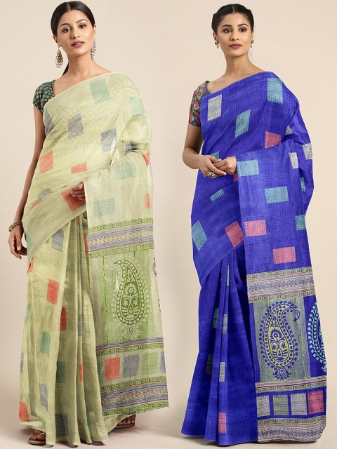 

KALINI Green & Blue Silk Blend Set of 2 Tussar Saree