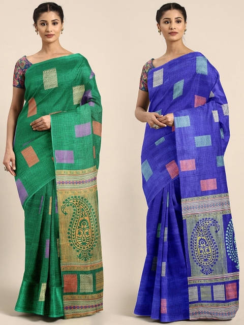 

KALINI Pack of 2 Green & Blue Poly Crepe Sarees