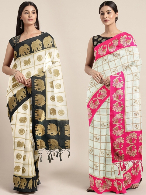 

KALINI Pack of 2 Off White Printed Mysore Silk Saree