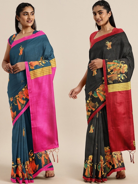 

KALINI Pack of 2 Teal Blue & Pink Khadi Art Silk Sarees