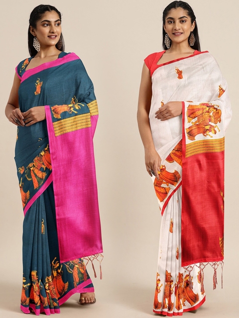 

KALINI Pack of 2 Teal & Off White Printed Khadi Saree
