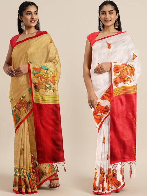 

KALINI Pack Of 2 Khadi Art Silk Printed Sarees, Beige