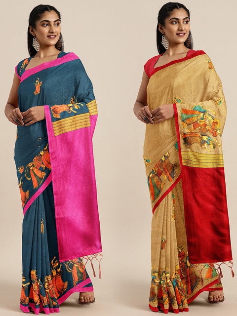 

KALINI Teal & Beige Art Silk Set of 2 Khadi Saree