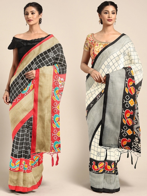 

KALINI Pack of 2 Black & White Checked Silk Blend Saree