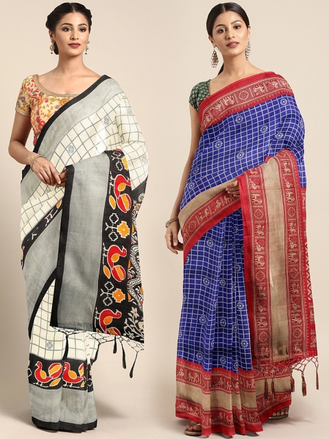 

KALINI Pack Of 2 Khadi Silk Blend Printed Sarees, White