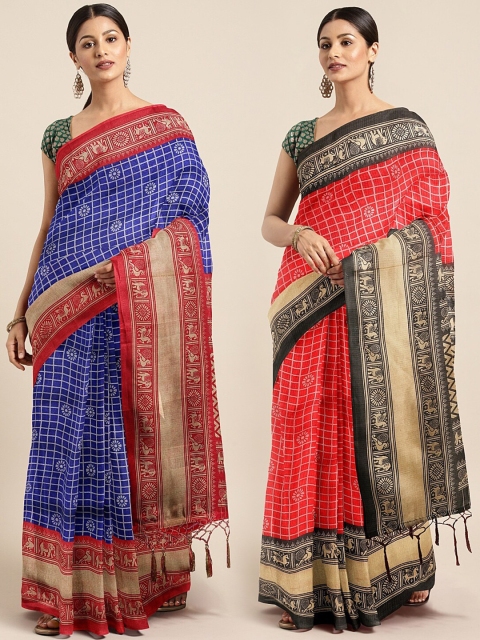 

KALINI Blue & Red Silk Blend Set of 2 Khadi Saree