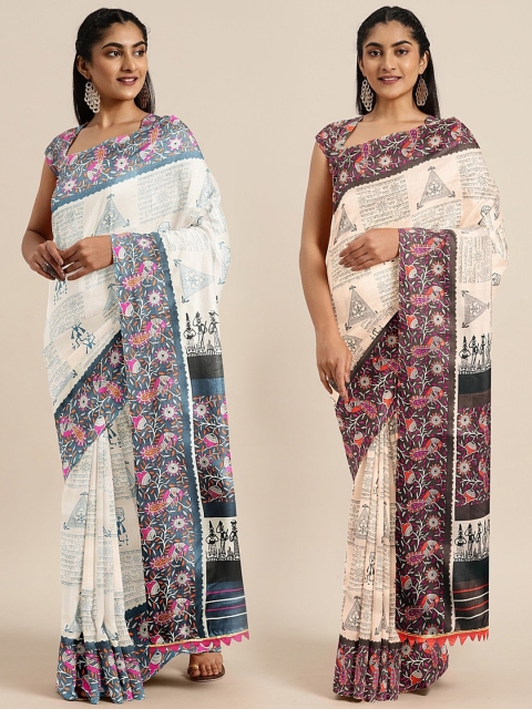 

KALINI Pack of 2 Off-White Printed Art Silk Bhagalpuri Saree