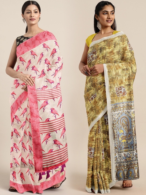 

KALINI Pack of 2 Pink & Off White Khadi Silk Blend Printed Sarees