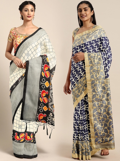 

KALINI Pack Of 2 Khadi Silk Blend Printed Sarees, White