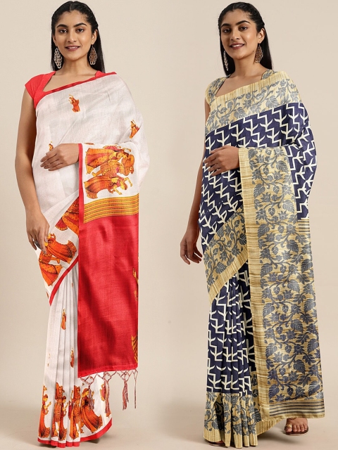 

KALINI Pack Of 2 Off White & Navy Blue Khadi Art Silk Saree