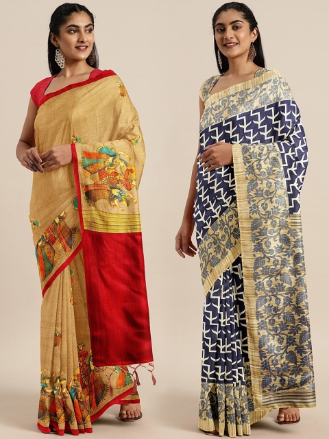 

KALINI Pack of 2 Navy Blue & Beige Printed Khadi Saree