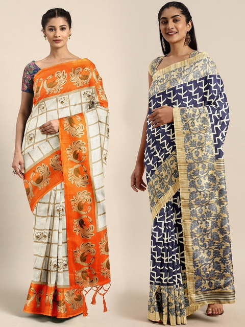 

KALINI Pack Of 2 Silk Blend Printed Sarees, Orange