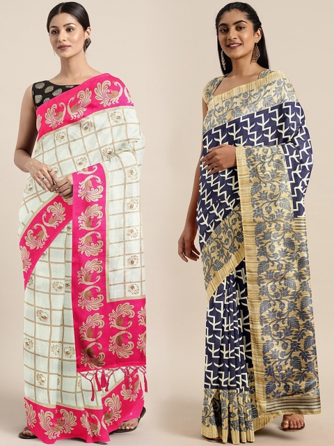 

KALINI Off-White & Blue Silk Blend Set of 2 Mysore Silk Saree