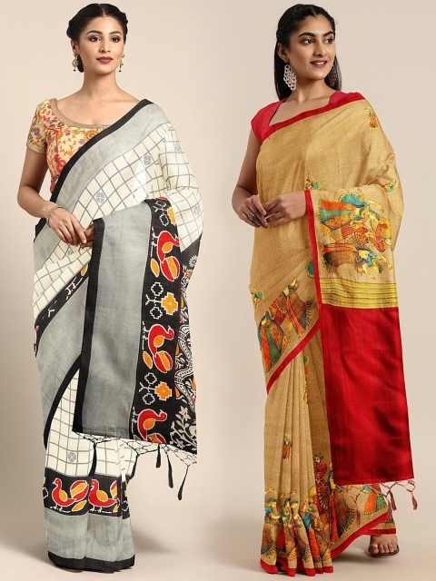 

KALINI White & Beige Silk Blend Set of 2 Khadi Saree