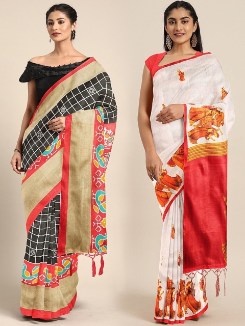 

KALINI Pack of 2 Black & Off-White Khadi Printed Silk Blend Saree