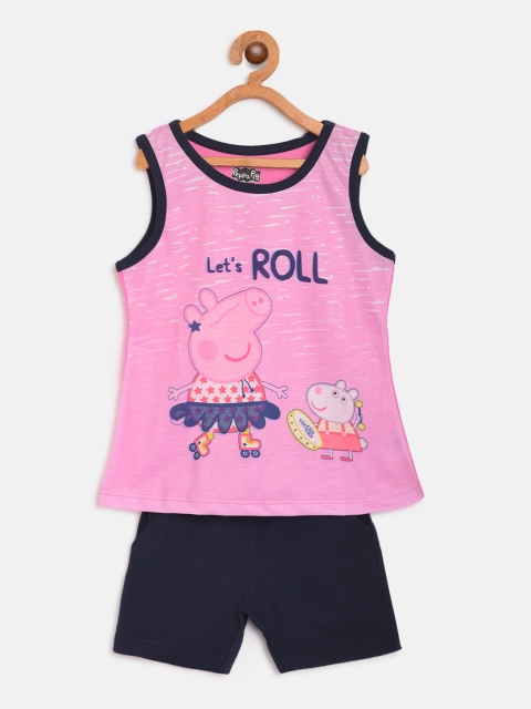 

Eteenz Girls Pink & Navy Blue Peppa Pig Print T-shirt with Shorts