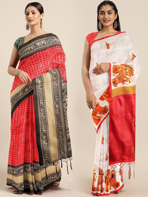 

KALINI Pack of 2 Red & Off White Checked Khadi Silk Blend Saree