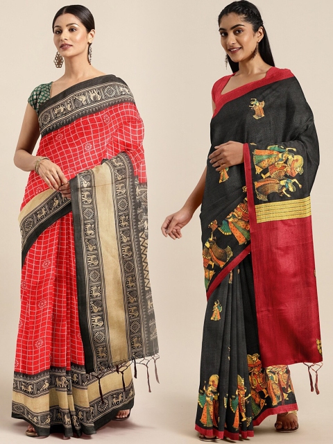 

KALINI Pack of 2 Red & Beige Khadi Silk Blend Sarees