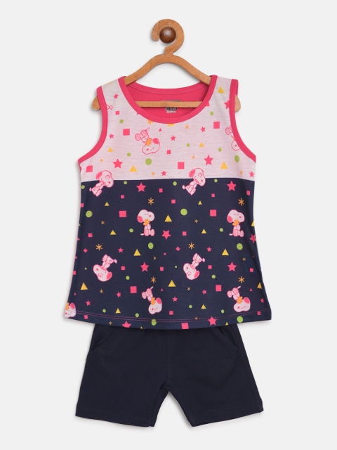 

Eteenz Girls Navy Blue & White Colourblocked & Snoopy Print T-shirt with Shorts