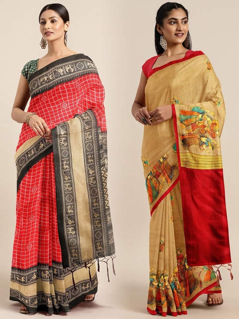 

KALINI Red & Beige Silk Blend Set of 2 Khadi Saree