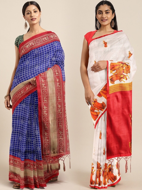 

KALINI Pack of 2 Blue & Off-White Khadi Printed Silk Blend Saree