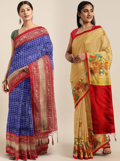 KALINI Multicolored Checked Saree, Blue