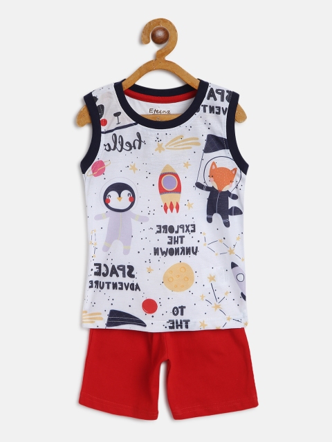 

Eteenz Boys White & Navy Blue Conversational Print Cotton Clothing Set