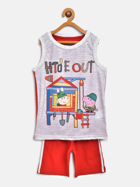 

Eteenz Boys Grey Melange & Red Peppa Pig Print Pure Cotton T-shirt with Shorts