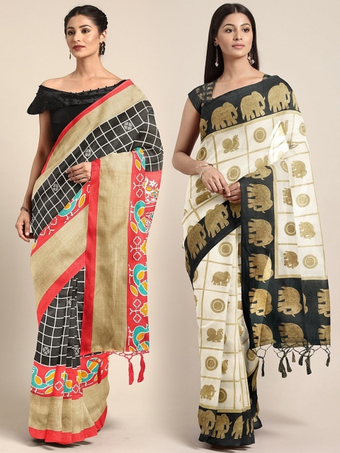 

KALINI Pack Of 2 Silk Blend Printed Sarees, Black