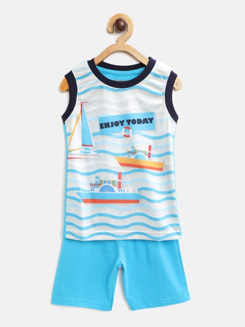 

Eteenz Boys Blue & Off-White Pure Cotton Printed T-shirt with Shorts