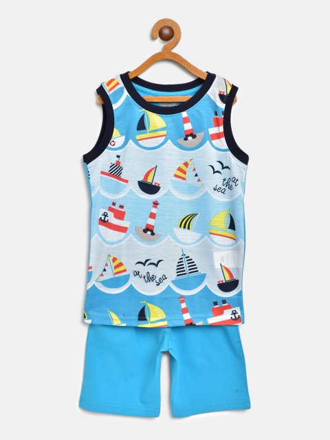 

Eteenz Boys Blue & Red Boat Print Pure Cotton T-shirt with Shorts