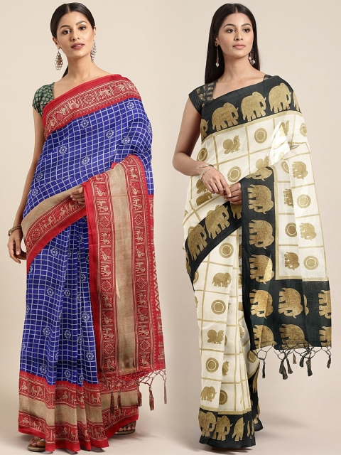 

KALINI Pack of 2 Blue & Off-White Printed Silk Blend Saree