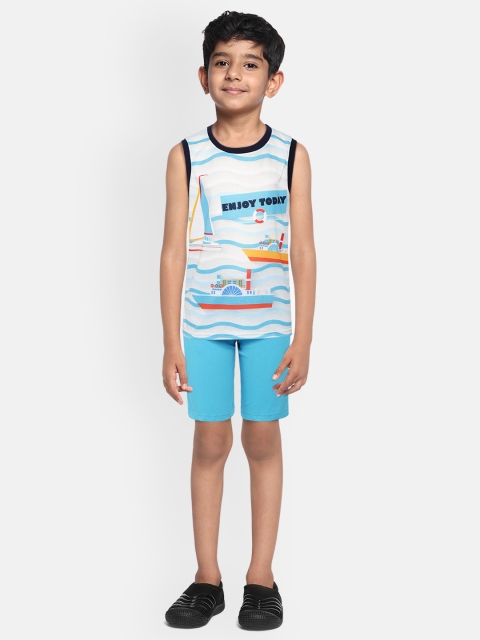 

Eteenz Boys Blue & Off-White Pure Cotton Printed T-shirt with Shorts