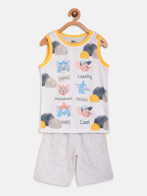 

Eteenz Boys White & Grey Melange Tom & Jerry Print T-shirt with Shorts