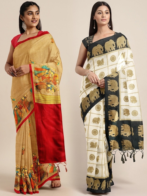 

KALINI Pack of 2 Off White & Beige Printed Khadi Art Silk Saree