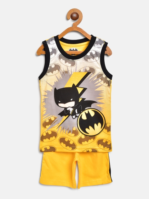 

Eteenz Boys Mustard Yellow & Black Batman Print Pure Cotton T-shirt with Shorts