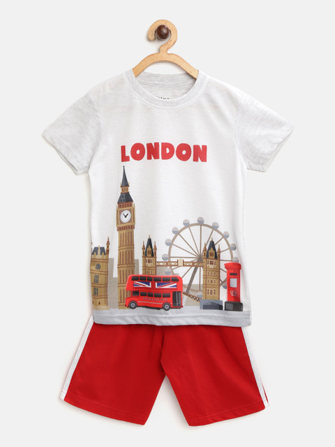 

Eteenz Boys White & Red Pure Cotton London Printed T-shirt with Shorts