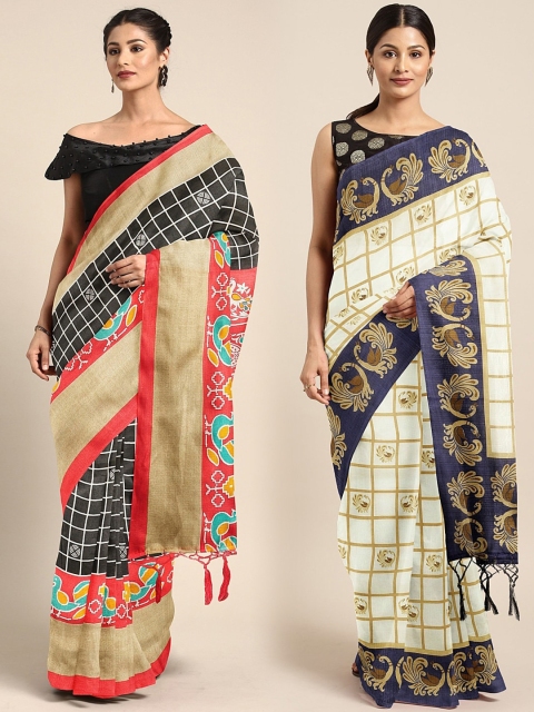 

KALINI Black & White Silk Blend Set of 2 Khadi Saree