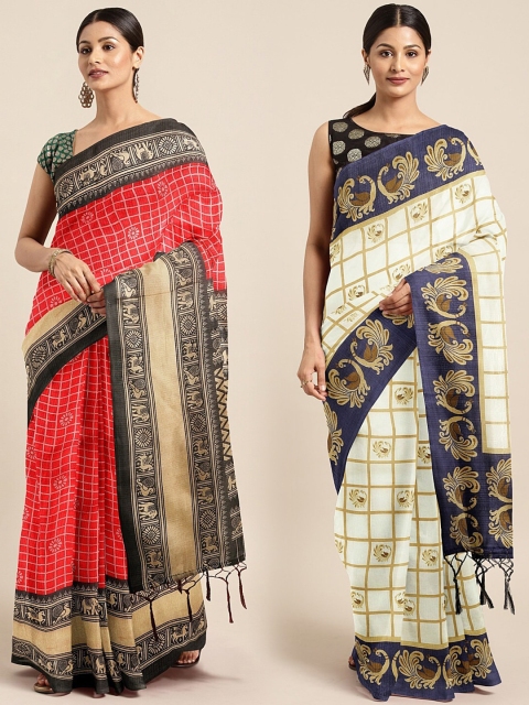 

KALINI Pack of 2 Off- White & Red Printed Silk Blend Saree