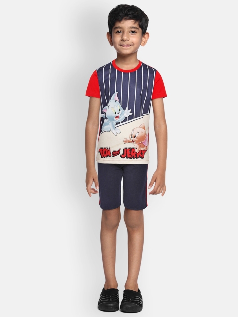 

Eteenz Boys Navy Blue & Red Pure Cotton Tom & Jerry Printed T-shirt with Shorts